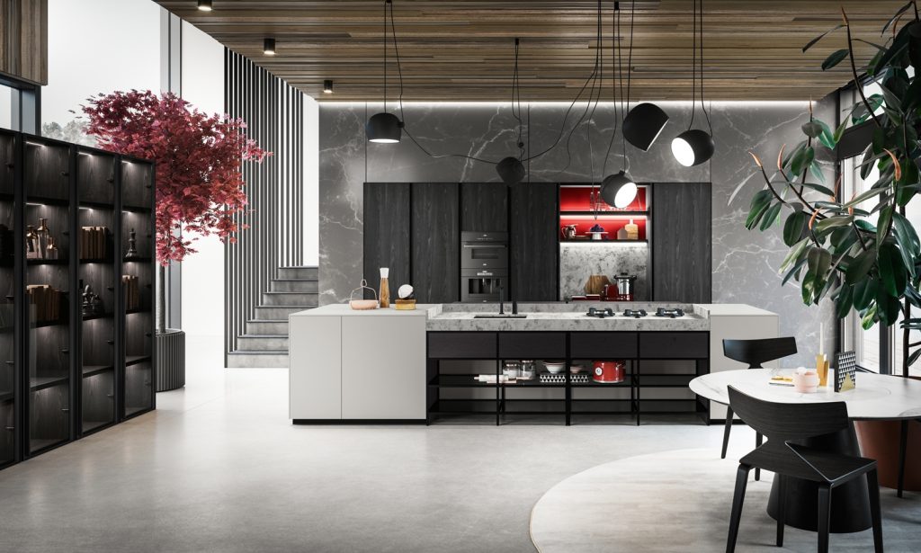 AMARI - MITON, moderné kuchyne, talianske kuchyne miton, moderná kuchyňa s netradičnými dvierkami s kovovým profilom